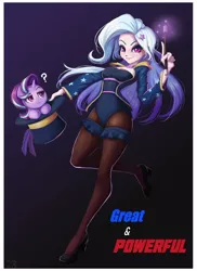 Size: 726x1000 | Tagged: safe, artist:the-park, ponybooru import, starlight glimmer, trixie, human, pony, unicorn, clothes, duo, female, garter, gradient background, hat, high heels, humanized, image, jpeg, looking at you, magic wand, mare, pantyhose, question mark, shoes, smiling, smiling at you, starlight is not amused, top hat, unamused