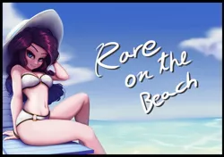 Size: 1419x1000 | Tagged: suggestive, artist:the-park, ponybooru import, rarity, human, beach, bedroom eyes, belly button, bikini, breasts, busty rarity, clothes, female, hat, humanized, image, jpeg, looking at you, sitting, solo, solo female, sun hat, swimsuit, text