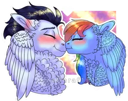 Size: 1280x1013 | Tagged: safe, artist:malinraf1615, derpibooru import, rainbow dash, soarin', pegasus, pony, blushing, boop, chest fluff, cute, eyes closed, female, image, male, mare, noseboop, nuzzling, png, shipping, simple background, soarindash, stallion, straight, transparent background