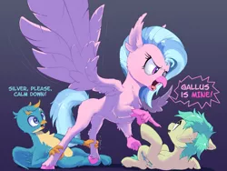 Size: 2751x2072 | Tagged: safe, artist:xbi, derpibooru import, gallus, sandbar, silverstream, earth pony, gryphon, hippogriff, pony, angry, dialogue, female, gallbar, gallstream, gay, gradient background, image, love triangle, male, png, possessive, shipping, spread wings, straight, wings