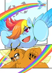 Size: 868x1228 | Tagged: safe, artist:meielf, derpibooru import, rainbow dash, bugbear, pony, :d, comic, eyelashes, female, flying, image, male, mare, open mouth, open smile, png, rainbow trail, smiling