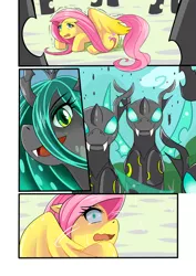 Size: 868x1228 | Tagged: safe, artist:meielf, derpibooru import, fluttershy, queen chrysalis, changeling, changeling queen, pegasus, pony, a canterlot wedding, comic, cowering, crying, eyelashes, fangs, female, image, imminent rape, imminent sex, looking up, male, mare, open mouth, outdoors, png, scared, shivering, smiling, smirk, tears of fear