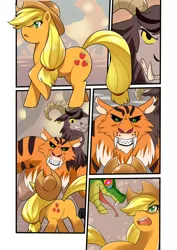 Size: 868x1228 | Tagged: safe, artist:meielf, derpibooru import, applejack, chimera sisters, chimera, earth pony, pony, applejack's hat, comic, cowboy hat, fangs, female, grin, hat, image, male, mare, multiple heads, open mouth, png, raised hoof, smiling, three heads, tongue out