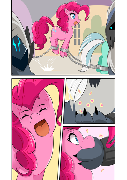 Size: 868x1228 | Tagged: safe, artist:meielf, derpibooru import, lyra heartstrings, pinkie pie, earth pony, pony, yeti, my little pony: the movie, :d, bondage, comic, drugged, drugs, eyes closed, female, image, mare, open mouth, open smile, png, pronking, shackles, smiling, storm guard, storm king's emblem