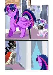 Size: 868x1228 | Tagged: safe, artist:meielf, derpibooru import, king sombra, princess flurry heart, twilight sparkle, twilight sparkle (alicorn), alicorn, pony, the beginning of the end, comic, diaper, evil grin, female, frown, gag, grin, horn, image, male, mare, muzzle gag, png, raised hoof, smiling, stallion, wings