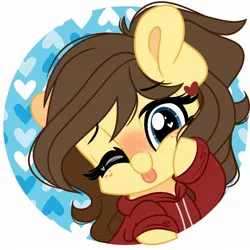 Size: 2000x2000 | Tagged: safe, artist:emberslament, derpibooru import, oc, oc:retro hearts, unofficial characters only, pony, :p, blue eyes, blushing, brown mane, chibi, clothes, eyebrows, eyebrows visible through hair, freckles, heart eyes, high res, hoodie, hoof on cheek, image, jpeg, looking at you, one eye closed, raspberry, smiling, solo, tongue out, wingding eyes, wink