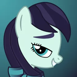 Size: 1080x1080 | Tagged: safe, artist:manerg, derpibooru import, coloratura, earth pony, pony, avatar, bedroom eyes, bust, derpibooru exclusive, eyebrows, female, gradient background, grin, image, lidded eyes, looking at you, mare, png, portrait, profile, side view, smiling, smiling at you, solo, teal eyes