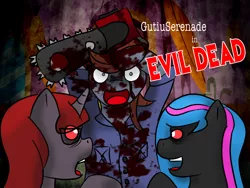 Size: 1024x768 | Tagged: semi-grimdark, artist:tranzmuteproductions, derpibooru import, oc, oc:curse word, oc:gutiu serenade, oc:obabscribbler, unofficial characters only, pony, semi-anthro, blood, bust, chainsaw, clothes, evil dead, female, hood hold, image, mare, png
