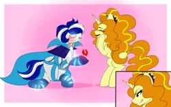 Size: 2048x1289 | Tagged: safe, artist:mikkybun, derpibooru import, adagio dazzle, oc, oc:ivislor, ponified, cyborg, cyborg pony, pony, unicorn, equestria girls, blushing, canon x oc, cape, clothes, commission, duo, evil grin, grin, image, marriage proposal, pink background, png, simple background, smiling