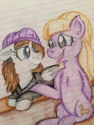 Size: 720x960 | Tagged: safe, artist:millefaller, derpibooru import, oc, ponified, pegasus, pony, beanie, chest fluff, clothes, crossover, duo, ear piercing, eyelashes, female, gravity falls, hat, image, jpeg, lined paper, mare, pacifica northwest, pegasus oc, piercing, smiling, traditional art, wings