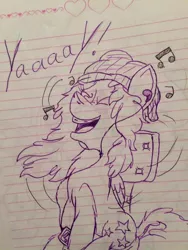 Size: 720x960 | Tagged: safe, artist:millefaller, derpibooru import, oc, unofficial characters only, pegasus, pony, beanie, chest fluff, earbuds, eyes closed, hat, image, jpeg, lineart, lined paper, music notes, music player, pegasus oc, smiling, solo, traditional art, wings
