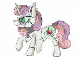 Size: 2048x1536 | Tagged: safe, alternate version, artist:millefaller, derpibooru import, sweetie belle, pony, robot, robot pony, unicorn, angry, colored, cutie mark, female, filly, gritted teeth, image, jpeg, raised hoof, simple background, solo, sweetie bot, the cmc's cutie marks, white background