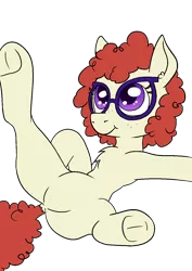 Size: 1000x1414 | Tagged: safe, artist:happy harvey, derpibooru import, twist, earth pony, pony, butt freckles, chest fluff, crotch freckles, dock, drawn on phone, ear fluff, ear freckles, featureless crotch, freckles, frog (hoof), glasses, hooves, hooves up, image, looking up, png, simple background, smiling, solo, spread legs, spreading, tail, transparent background, underhoof