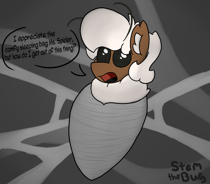 Size: 1600x1400 | Tagged: safe, artist:stemthebug, derpibooru import, oc, oc:stem bedstraw, unofficial characters only, hybrid, insect, moth, mothpony, original species, pony, bondage, cocoon, image, open mouth, png, solo, speech bubble, spider web, wrapped up