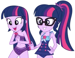 Size: 1024x793 | Tagged: safe, artist:alandssparkle, derpibooru import, sci-twi, twilight sparkle, twilight sparkle (alicorn), alicorn, equestria girls, belly button, bikini, clothes, duality, glasses, grin, image, one-piece swimsuit, open mouth, open smile, png, sci-twi swimsuit, simple background, smiling, swimsuit, transparent background, twolight, vector