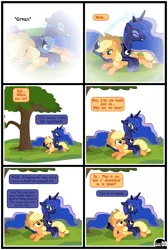 Size: 3254x4838 | Tagged: suggestive, artist:gutovi, derpibooru import, applejack, princess luna, alicorn, earth pony, pony, comic:why me!?, alternate ending, comic, cute, dream, dream realm, female, hat, horn, image, lesbian, lunajack, lying down, magic, on floor, png, pony pile, shipping, show accurate, show accurate porn, tree