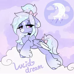 Size: 3000x3000 | Tagged: safe, artist:triplesevens, derpibooru import, oc, oc:lucid dream, pegasus, pony, bedroom eyes, bow, choker, cloud, floppy ears, image, jpeg, lying down, on a cloud, prone, tail, tail bow, unshorn fetlocks