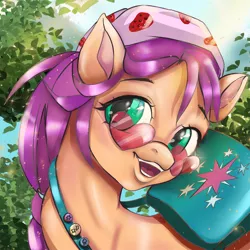 Size: 1200x1200 | Tagged: safe, artist:mdwines, derpibooru import, sunny starscout, earth pony, pony, my little pony: a new generation, badge, bag, bandana, bust, female, g5, hat, heart glasses, helmet, image, looking at you, mare, messenger bag, open mouth, open smile, png, portrait, smiling, solo, sunglasses