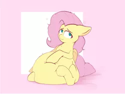 Size: 4000x3000 | Tagged: suggestive, artist:blopfry, derpibooru import, fluttershy, pegasus, pony, belly, big belly, chubbyshy, hoof on belly, image, looking at you, png, sitting, smiling, solo, stuffed, underhoof