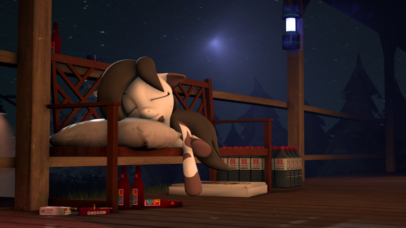 Size: 3840x2160 | Tagged: safe, artist:arrell, derpibooru import, oc, oc:madam matilda, earth pony, pony, 3d, ashtray, bottle, bug zapper, cabin, cigarette, forest, image, pillow, pine tree, png, sleeping, source filmmaker, stars, tree