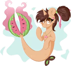 Size: 1600x1481 | Tagged: safe, artist:woonborg, derpibooru import, oc, unofficial characters only, seapony (g4), unicorn, brown eyes, brown mane, dorsal fin, female, fish tail, flowing tail, horn, image, jewelry, looking at you, necklace, png, seaponified, simple background, smiling, solo, species swap, tail, transparent background