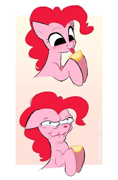 Size: 1523x2313 | Tagged: safe, artist:syrupyyy, artist:velgarn, derpibooru import, edit, pinkie pie, earth pony, pony, crying, cute, female, floppy ears, food, hoof hold, image, jpeg, lemon, licking, mare, meme, no pupils, shitposting, silly, silly pony, simpsons did it, smiling, solo, teary eyes, the simpsons, tongue out