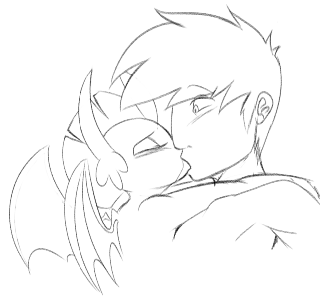 Size: 1501x1399 | Tagged: safe, derpibooru import, smolder, oc, dragon, human, pony, canon x oc, human on dragon action, human on pony action, image, interspecies, kissing, lineart, png, simple background, white background