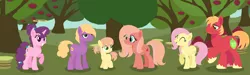 Size: 2168x650 | Tagged: safe, artist:littsandy, derpibooru import, big macintosh, fluttershy, little mac, sugar belle, oc, oc:apple garden, oc:butterfly apple, earth pony, ghost, pegasus, pony, undead, unicorn, base used, female, filly, fluttermac, half-siblings, halo, image, male, mare, offspring, older, parent:big macintosh, parent:fluttershy, parents:fluttermac, png, shipping, stallion, straight, sweet apple acres