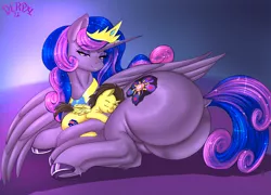 Size: 4500x3245 | Tagged: suggestive, artist:derpx1, derpibooru import, oc, oc:queen galaxia, oc:tommy the human, alicorn, pony, ass, butt, commission, cuddling, dock, eyes closed, female, foal, frog (hoof), fusion, fusion:queen galaxia, image, large butt, lidded eyes, male, mother and child, mother and son, plot, png, smiling, tail, underhoof