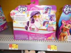 Size: 1280x960 | Tagged: safe, derpibooru import, pipp petals, sunny starscout, zipp storm, earth pony, pegasus, brushable, female, g5, glasses, image, irl, jpeg, my little pony logo, photo, price tag, shelf, toy, walmart