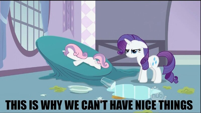 Size: 1000x562 | Tagged: safe, derpibooru import, edit, edited screencap, screencap, rarity, sweetie belle, pony, unicorn, sisterhooves social, cooking, duo, female, filly, floppy ears, food, hub logo, image, jpeg, laying on stomach, mare, rarity is not amused, spilled drink, sweetie belle can't cook, sweetie fail, unamused, water