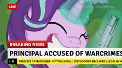 Size: 1280x720 | Tagged: safe, derpibooru import, starlight glimmer, unicorn, break your own news, glim glam got a gat, glimmerposting, grin, gun, image, implied death, meme, news, news report, png, smiling, this will not end well, weapon