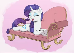 Size: 3212x2316 | Tagged: safe, artist:heretichesh, derpibooru import, rarity, pony, unicorn, crossed hooves, cute, eyes closed, fainting couch, female, high res, image, jpeg, lying down, mare, open mouth, open smile, prone, raribetes, smiling, solo, sploot, underhoof