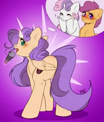 Size: 1853x2160 | Tagged: safe, artist:pledus, author:bigonionbean, derpibooru import, scootaloo, sweetie belle, oc, oc:sweet scooter, pegasus, pony, unicorn, blushing, commissioner:bigonionbean, cutie mark, embarrassed, female, filly, fusion, fusion:sweet scooter, horn, image, jpeg, levitation, magic, mare, microphone, not an alicorn, simple background, singing, tail, telekinesis, thought bubble, thoughts