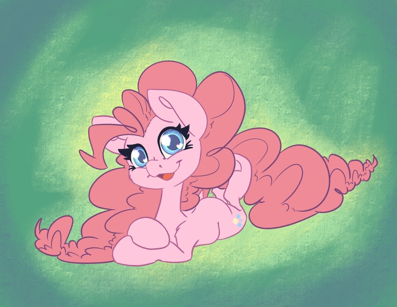 Size: 2475x1913 | Tagged: safe, artist:leadhooves, derpibooru import, pinkie pie, earth pony, pony, :3, abstract background, female, frog (hoof), image, jpeg, looking at you, lying down, mare, open mouth, open smile, prone, smiling, solo, underhoof