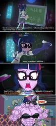 Size: 1376x3088 | Tagged: suggestive, artist:atariboy2600, artist:bluecarnationstudios, derpibooru import, edit, edited screencap, screencap, sci-twi, spike, twilight sparkle, dog, comic:the amazonian effect, comic:the amazonian effect iii, equestria girls, big breasts, bra, breasts, clothes, female, female muscle growth, image, muscle growth, muscles, muscular female, overdeveloped muscles, png, sci-twi muscle, spike the dog, twilight muscle, underwear
