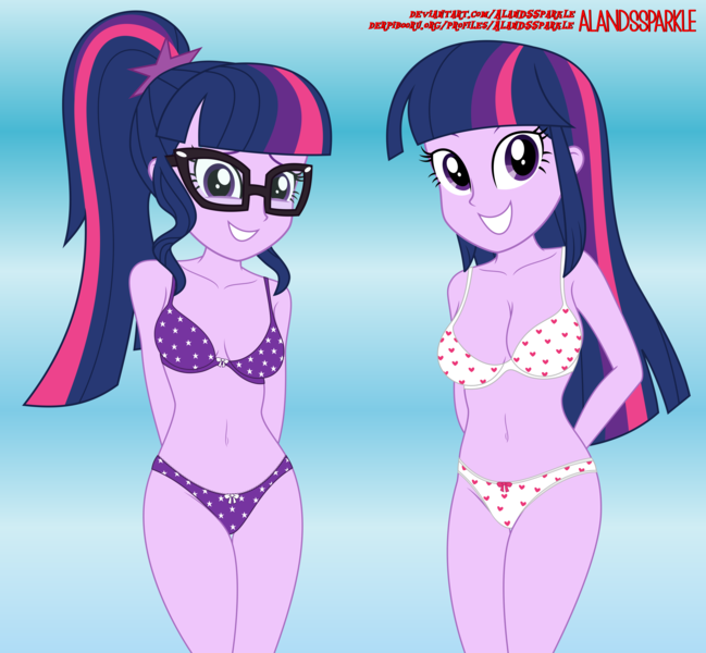 Size: 9719x8981 | Tagged: suggestive, artist:alandssparkle, derpibooru import, sci-twi, twilight sparkle, twilight sparkle (alicorn), alicorn, equestria girls, adorasexy, belly button, bra, breasts, busty twilight sparkle, clothes, cute, derpibooru exclusive, duo, duo female, female, glasses, gradient background, grin, hairpin, hand on hip, hands behind back, heart, heart print underwear, image, looking at you, nervous, nervous grin, panties, png, purple underwear, ribbon, sexy, signature, simple background, smiling, smiling at you, starry underwear, thigh gap, twolight, underwear, white underwear