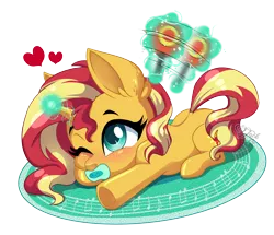 Size: 4300x3700 | Tagged: safe, artist:jack-pie, derpibooru import, sunset shimmer, pony, unicorn, baby, baby pony, cute, female, filly, filly sunset shimmer, glowing horn, horn, image, lying down, mouth hold, one eye closed, png, shimmerbetes, simple background, transparent background, younger