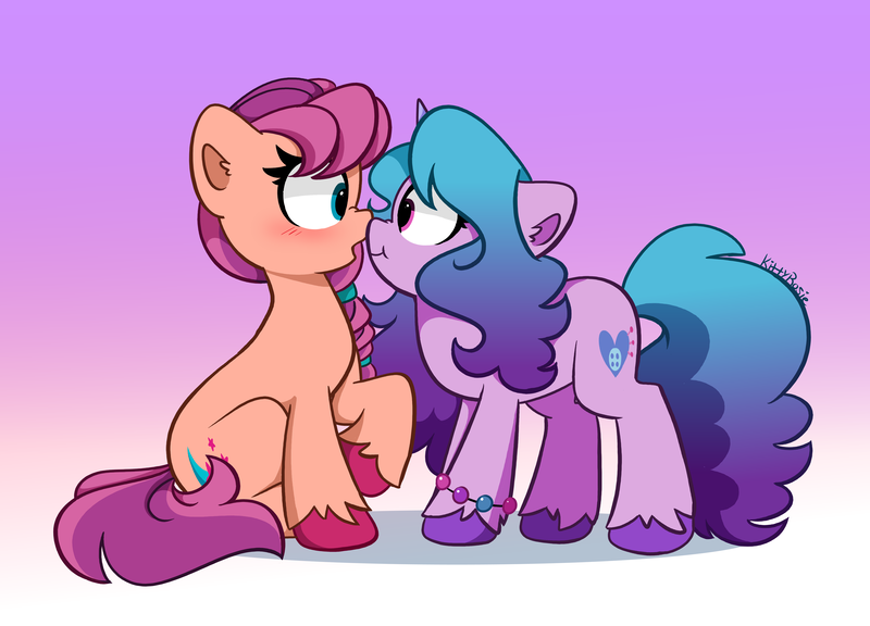 Size: 6800x4900 | Tagged: safe, artist:kittyrosie, derpibooru import, izzy moonbow, sunny starscout, earth pony, pony, unicorn, absurd resolution, blushing, boop, bracelet, female, g5, gradient background, image, izzyscout, jewelry, lesbian, noseboop, open mouth, png, shipping