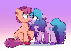 Size: 6800x4900 | Tagged: safe, artist:kittyrosie, derpibooru import, izzy moonbow, sunny starscout, earth pony, pony, unicorn, absurd resolution, blushing, boop, bracelet, female, g5, gradient background, image, izzyscout, jewelry, lesbian, noseboop, open mouth, png, shipping
