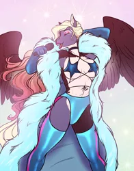 Size: 1296x1649 | Tagged: suggestive, artist:blackblood-queen, derpibooru import, oc, oc:brigadeiro drizzle, oc:dusk flame, unofficial characters only, anthro, pegasus, unguligrade anthro, anthro oc, clothes, crossdressing, digital art, drag queen, eyes closed, eyeshadow, fake breasts, female, image, lipstick, makeup, microphone, pegasus oc, png, singing, smiling, solo, solo female, spread wings, wig, wings