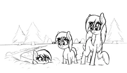 Size: 1908x1095 | Tagged: safe, artist:seafooddinner, pony, taiga pony, /mlp/, black and white, chest fluff, cute, deep snow, female, filly, fluffy, grayscale, image, looking at each other, mare, monochrome, png, simple background, sketch, snow, unshorn fetlocks, white background