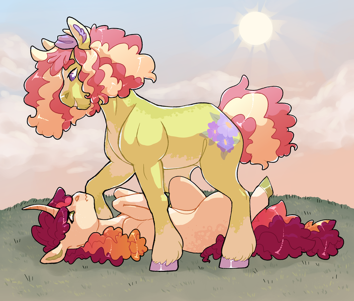 Size: 2700x2300 | Tagged: safe, artist:elf-hollow, derpibooru import, oc, oc:lady alicemoc:echo flower, unofficial characters only, earth pony, pony, unicorn, female, image, magical lesbian spawn, mare, offspring, parent:applejack, parent:fluttershy, parent:rarity, parent:tree hugger, parents:flutterhugger, parents:rarijack, png