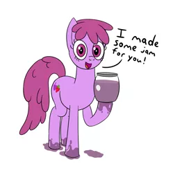 Size: 1799x1809 | Tagged: safe, artist:librarylonging, derpibooru import, berry punch, berryshine, earth pony, pony, food, grape jam, grapes, image, jam, jar, looking at you, png, simple background, solo, text, white background