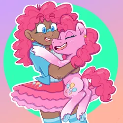 Size: 2000x2000 | Tagged: safe, artist:apatheticxaddict, derpibooru import, pinkie pie, earth pony, human, pony, alternate design, bandaid on nose, blackwashing, clothes, colored hooves, colored pupils, cutie mark, cutie mark on clothes, dark skin, ear piercing, eyebrows, eyebrows visible through hair, eyes closed, female, freckles, holding a pony, hug, hugging a pony, human and pony, human ponidox, humanized, image, kneesocks, mare, open mouth, open smile, piercing, png, self paradox, self ponidox, skirt, smiling, socks, spots, striped socks, twitterina design, unshorn fetlocks