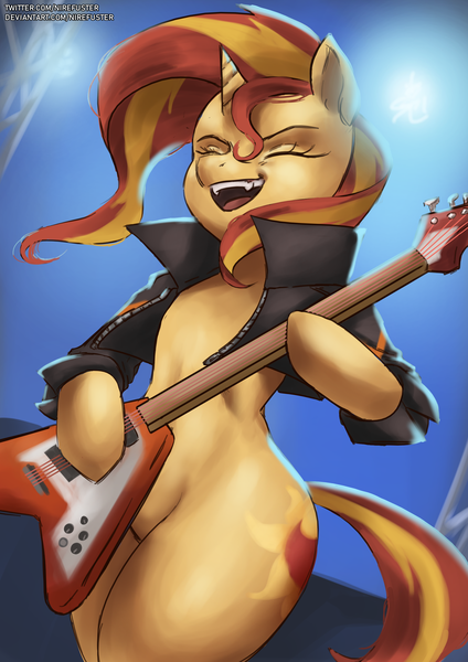 Size: 1754x2480 | Tagged: safe, artist:nire, derpibooru import, idw, sunset shimmer, pony, unicorn, spoiler:comic, spoiler:comic79, bipedal, clothes, concert, cutie mark, electric guitar, eyes closed, guitar, image, jacket, musical instrument, open mouth, open smile, playing guitar, png, smiling, stage, sunset shredder