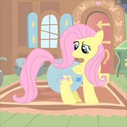 Size: 900x900 | Tagged: suggestive, artist:420bananaking, artist:milzyywilzyy, derpibooru import, fluttershy, pegasus, pony, diaper, diaper fetish, fetish, fluttershy's cottage (interior), image, looking back, png, poofy diaper, solo, thick diaper