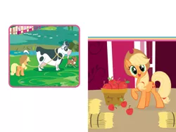 Size: 1600x1200 | Tagged: safe, derpibooru import, official, applejack, winona, cow, pony, apple, applejack's hat, book, cowboy hat, female, food, g4, hat, hay, image, jpeg, mare, rope, sweet apple acres, welcome to ponyville (book)