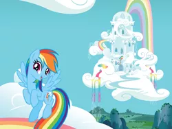 Size: 1600x1200 | Tagged: safe, derpibooru import, official, rainbow dash, pegasus, pony, book, cloud, female, g4, image, jpeg, mare, rainbow, rainbow dash's house, welcome to ponyville (book)