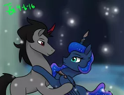 Size: 1300x1000 | Tagged: safe, artist:joan-grace, derpibooru import, king sombra, princess luna, alicorn, firefly (insect), insect, pony, unicorn, collar, ethereal mane, female, horn, hug, image, lumbra, magic suppression, male, mare, png, shipping, signature, slave, smiling, stallion, starry mane, story included, straight, wings